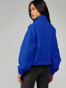 MISSGUIDED 半拉鍊套頭防風夾克，四分之一拉鍊小立領、胸前口袋、彈性袖口，寬鬆短版 Anorak 外套 - 寶藍色 - 查看 2