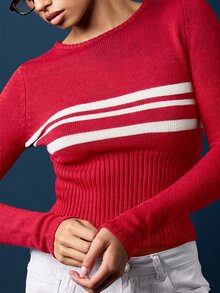 MISSGUIDED 羅紋針織短版大學風胸前條紋長袖圓領修身套頭上衣 秋冬休閒款 - 紅色 - 查看 4