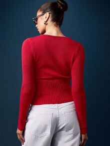 MISSGUIDED 羅紋針織短版大學風胸前條紋長袖圓領修身套頭上衣 秋冬休閒款 - 紅色 - 查看 2