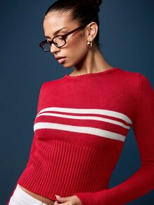 MISSGUIDED 羅紋針織短版大學風胸前條紋長袖圓領修身套頭上衣 秋冬休閒款 - 紅色 - 查看 1