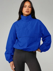 MISSGUIDED 半拉鍊套頭防風夾克，四分之一拉鍊小立領、胸前口袋、彈性袖口，寬鬆短版 Anorak 外套 - 寶藍色 - 查看 1