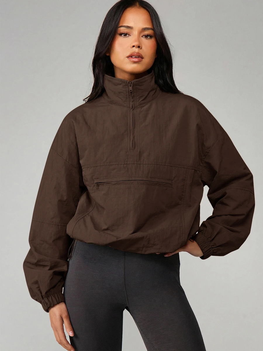 MISSGUIDED 半拉鍊套頭防風夾克,小立領、前中口袋、彈性袖口,寬鬆版型,秋季外套 - 棕色 - 查看 1
