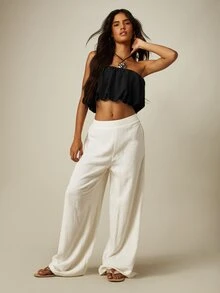 MISSGUIDED 無肩帶荷葉邊短版上衣，波浪下擺，銀色圓環掛脖繫帶設計，夏季音樂祭抹胸上衣 - 黑色 - 查看 3
