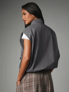 MISSGUIDED Cropped Zip-Up Vest With Stand Collar And Flap Pockets Fall Layering Sleeveless Jacket Utility Style - Dark Grey - View 6
