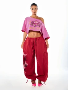SUMWON I Love Shibuya Lotus Flower Graphic Crop Top One-Shoulder Washed Oversized Boxy Short Sleeve Summer Festival Tee - Hot Pink - View 5
