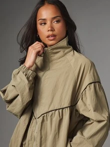 MISSGUIDED Oversized Windbreaker Jacket With Stand Collar Full Zip Ruffle Hem And Black Contrast Piping Detail Lightweight Outerwear For Spring - Olive Green - View 5