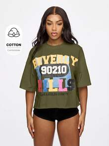 SUMWON WOMEN 90210 Los Angeles County Graphic Print Cropped Oversized Crew Neck Cotton Tee Summer Casual Street Style - Olive Green - View 1