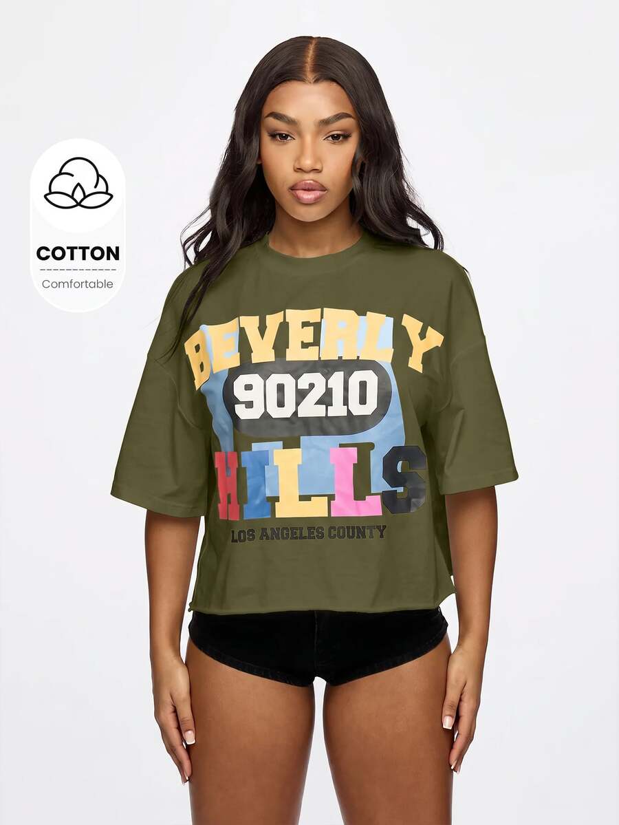 SUMWON WOMEN 90210 Los Angeles County Graphic Print Cropped Oversized Crew Neck Cotton Tee Summer Casual Street Style - Olive Green - View 1