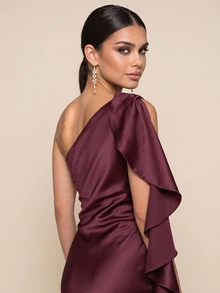 QUIZ Burgundy Satin One Shoulder Draped Ruffle Detail Bodycon Midaxi Dress, Elegant Long Dress, Wedding Guest Dress Women, Formal Event Dress, Special Occasion Dresses For Women - Rust Brown - View 6