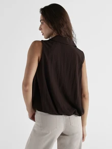 KSTM Sleeveless V-Neck Tie Detail Flowy Blouse Relaxed Oversized Fit Gathered Neckline Casual Summer Top - Brown - View 5