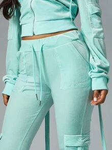BABYPHAT Velvet Cargo Flare Pants With Drawstring Waist Mid Rise Bell Bottom Leg Style Side And Cargo Pockets Spring Summer Casual - Green - View 4