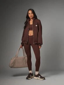 MISSGUIDED Jaket Sweatshirt Olahraga Atletik Model Resleting Penuh Ukuran Besar dengan Kerah Tinggi, Lengan Raglan, dan Detail Logo. - Coffee Brown - View 3