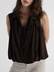 KSTM Sleeveless V-Neck Tie Detail Flowy Blouse Relaxed Oversized Fit Gathered Neckline Casual Summer Top - Brown - View 4