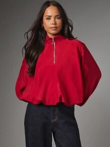 MISSGUIDED Half Zip High Neck Batwing Sleeve Oversized Blouse With Bubble Hem And Silver Logo Zipper Pull Fall Winter Statement Top - Red - View 1