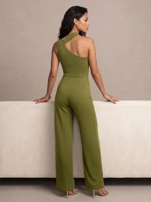 QUIZ Tuta verde oliva asimmetrica con una spalla, gamba ampia, con sciarpa e dettagli in metallo dorato, tuta elegante per feste, outfit per eventi formali, outfit da vacanza per donne, tuta estiva - Verde Oliva - Visualizzare 2