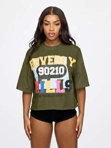 SUMWON WOMEN 90210 Los Angeles County Graphic Print Cropped Oversized Crew Neck Cotton Tee Summer Casual Street Style - Olive Green - View 8
