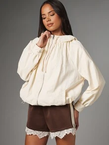 MISSGUIDED 寬鬆連帽防風夾克，全開襟拉鍊設計，抓皺領口，泡泡袖，短版臀長，輕量外套，適合春秋穿著 - 杏色 - 查看 5