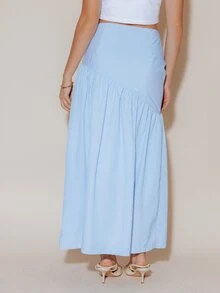 Pimkie Edition Rok Maxi Ruffle Asimetris Biru Muda Wanita, Pakaian Kasual Sehari-hari - Blue and White - View 2