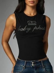 BABYPHAT Rhinestone Logo Denim Mini Skirt With Embroidered Script Detail Low Rise Double Button Festival Summer Y2K Style - Black - View 4
