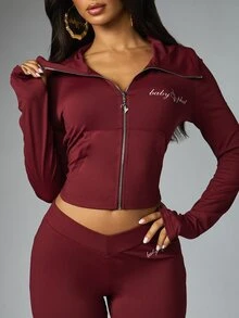 BABYPHAT Cropped Zip-Up Jacket With Collared Neckline Long Fitted Sleeves And Script Logo Detail Perfect For Fall Winter Casual Outings - Burgundy - View 5