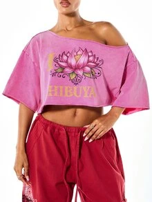 SUMWON I Love Shibuya Lotus Flower Graphic Crop Top One-Shoulder Washed Oversized Boxy Short Sleeve Summer Festival Tee - Hot Pink - View 4