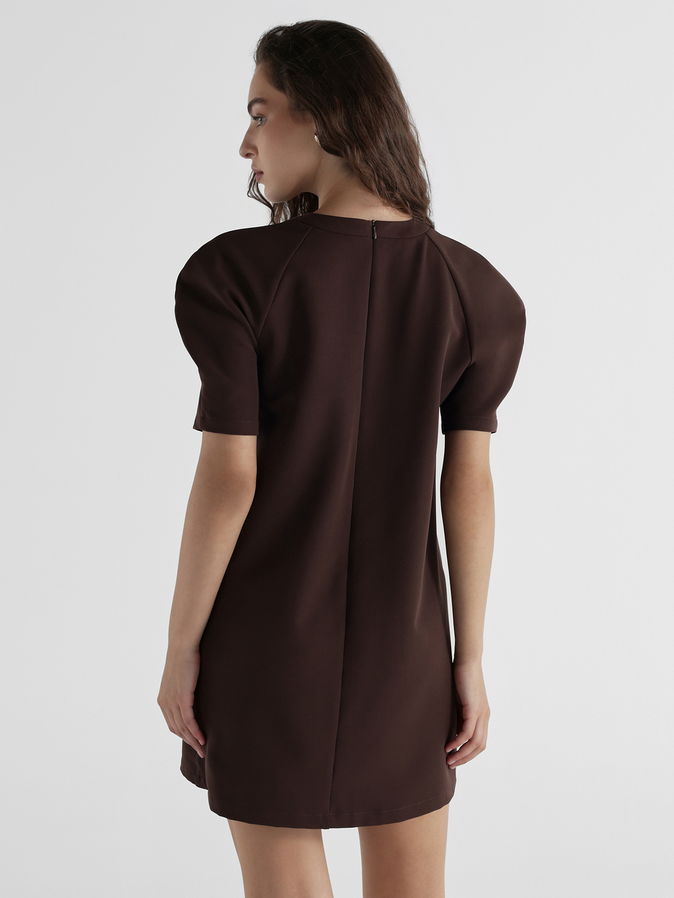KSTM Chocolate Brown Mini Shift Dress With Puff Sleeves Crew Neck Relaxed Fit Elegant Party Evening Occasion