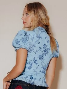 Pimkie Edition Women's Blue Floral Print Puff Sleeve Button Blouse, Casual Everyday Wear - Blue - View 2