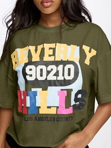 SUMWON WOMEN 90210 Los Angeles County Graphic Print Cropped Oversized Crew Neck Cotton Tee Summer Casual Street Style - Olive Green - View 4
