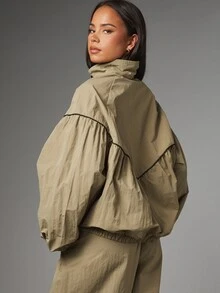 MISSGUIDED Oversized Windbreaker Jacket With Stand Collar Full Zip Ruffle Hem And Black Contrast Piping Detail Lightweight Outerwear For Spring - Olive Green - View 3