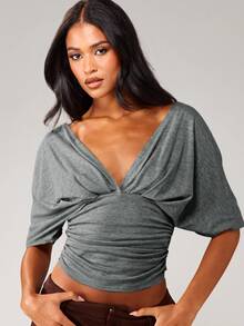 MISSGUIDED Deep V-Neck Wrap Crop Top With Ruched Waist And Batwing Sleeves - Reversible Open Back Design For Fall Winter - Dark Grey - View 3