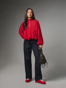MISSGUIDED Half Zip High Neck Batwing Sleeve Oversized Blouse With Bubble Hem And Silver Logo Zipper Pull Fall Winter Statement Top - Red - View 4