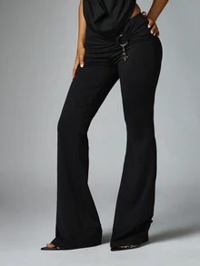 BABYPHAT Flared Dress Pants With Gold Ring Ruched Detail Mid Rise Full Length Bell Flare Leg Elegant Evening Party Occasion Trousers - Black - View 1