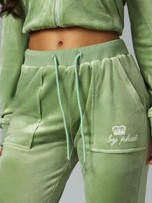 BABYPHAT Velvet Flared Casual Pants With Embroidered Crown Logo Drawstring Waist Side Pockets Full Length Sage Style - Green - View 3