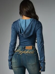BABYPHAT Rhinestone Logo Crop Zip-Up Hoodie Velour Long Sleeve Fitted Cropped Jacket Y2K Retro Fall Winter Style - Blue - View 2