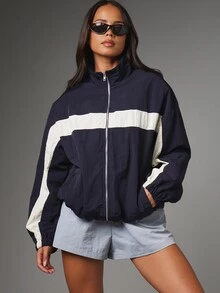 MISSGUIDED Jaket Windbreaker Oversized dengan Blok Warna, Resleting Penuh, Kerah Tegak, Manset Elastis, dan Detail Garis Kontras, Panjang Hingga Pinggul, Pakaian Luar Ringan - Biru - View 1