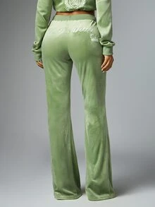 BABYPHAT Velvet Flared Casual Pants With Embroidered Crown Logo Drawstring Waist Side Pockets Full Length Sage Style - Green - View 1