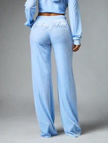 BABYPHAT Velvet Wide Leg Casual Pants With Rhinestone Logo Detail Drawstring Waist Side Pockets Y2K Retro Loungewear - Blue - View 2