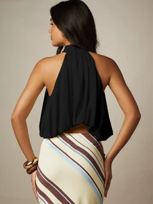 MISSGUIDED Halter Neck Crop Top With Gathered Drape Scallop Hem Backless Open Back Summer Night Out Style - Black - View 2