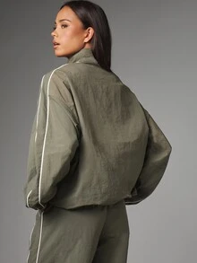 MISSGUIDED جاكيت واقي من الرياح بحجم كبير مع ياقة واقفة وسحاب كامل وأنابيب بيضاء متباينة وأكمام مطاطية ملابس خارجية للخريف والشتاء - أخضر داكن - مشاهدة 4