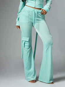BABYPHAT Velvet Cargo Flare Pants With Drawstring Waist Mid Rise Bell Bottom Leg Style Side And Cargo Pockets Spring Summer Casual - Green - View 1