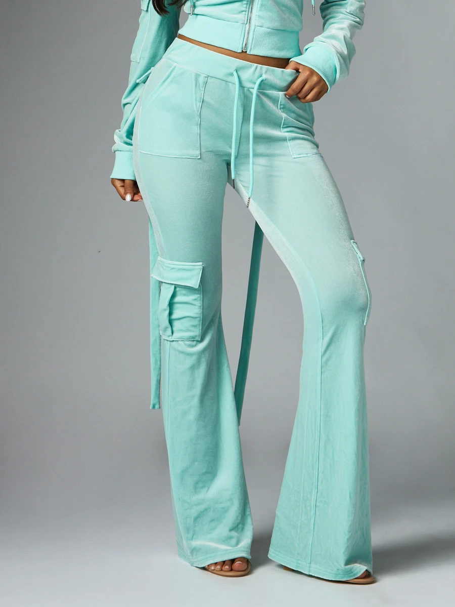 BABYPHAT Velvet Cargo Flare Pants With Drawstring Waist Mid Rise Bell Bottom Leg Style Side And Cargo Pockets Spring Summer Casual - Green - View 1