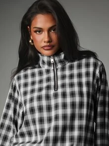 MISSGUIDED Plaid Flannel Half Zip Crop Top Ruffle Fall Winter - Black and White - View 4