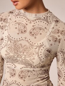 AiiRZ Sheer Mesh Long Sleeve Top With All Over Paisley Bandana Print Crew Neck Form Fitting Layering Top Fall Winter - Green - View 5