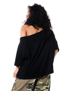 SUMWON Still A Baddie Oversized Off-Shoulder Graphic Text T-Shirt With Bold Front Slogan Drop Shoulder Summer Casual Top - Hitam - View 2