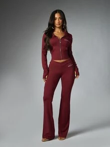 BABYPHAT Celana Panjang Low Rise Flare dengan Potongan V di Pinggang dan Detail Logo, Cocok untuk Musim Gugur dan Musim Dingin, Santai, Kasual, Panjang Penuh - Burgundy - View 3