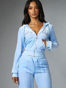 BABYPHAT Velour Full-Zip Crop Sweatshirt With Rhinestone Logo Script And Drawstring Hood Long Sleeve - Blue - View 5