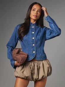 MISSGUIDED Cropped Denim Jacket With Stand Collar Button Closure Fitted Silhouette Curved Hem And Contrast Topstitching Detail Spring Summer Outerwear - Blue - View 6