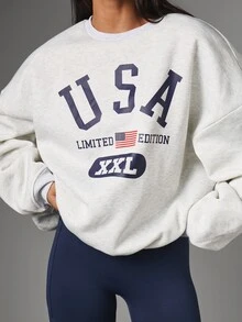 MISSGUIDED USA Limited Edition XXL oversized sweatshirt med rund hals, collegiate-tryck fram, lång ärm, avslappnad pullover-topp - Ljusgrå - Visa 4
