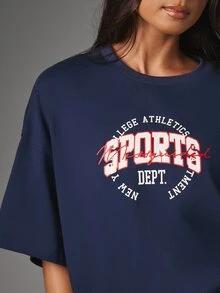 MISSGUIDED Oversized Crew Neck Short Sleeve T-Shirt With College Athletics Sports Chest Graphic Print Casual Summer Essential - Navy Blue - View 4