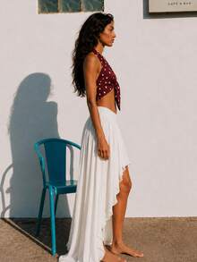 Zerodot Women Red Halter Neck Sleeveless Ikat Print Tie Front Tank Top Casual Daily Summer - Burgundy - View 8